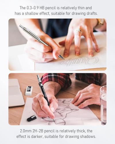 Image of Nicpro Set of 37 mechanical pencils: 4 metal drawing pencils (0.3 mm, 0.5 mm, 0.7 mm, 0.9 mm) and 2 lead holders (6B, 4B, 2B, HB, 2H, 4H) for sketching and drawing. 23 refills in case