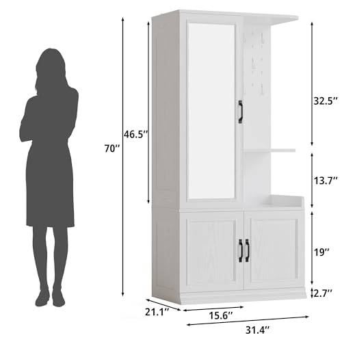 LIKIMIO Armoire Wardrobe Closet, 70" H Wooden Bedroom Armoire with Mirror, 2 Cabinet, Pegboard and a Open Shelf, Large Freestanding Clothing Storage Cabinet with 3 Doors, White - Image 3
