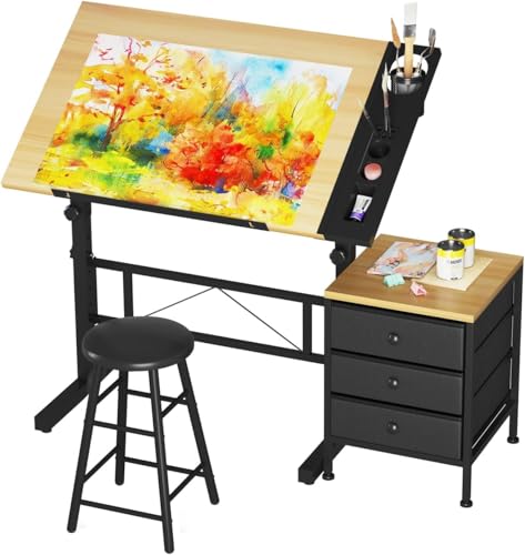 Dripex Adjustable Drafting Table Tiltable Drawing Table with Stool Art Craft Desk with Storage Drawers for Artwork Computer Desk for Reading Writing and Working at Home/Office Wood Grain