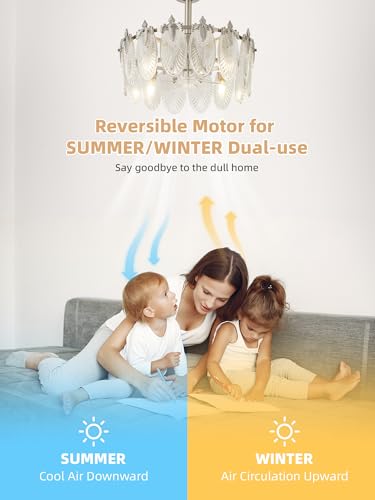 Image of 20 Inch Silver Crystal Fandelier Ceiling Fan with Light, Mid Century Silver Fandelier Ceiling Fans with Lights Remote Control, Caged with 6 Speeds for Bedroom, Nursery, Living Room