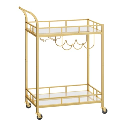 VASAGLE Desserte pour Boissons, Chariot à roulettes, Meuble de Cuisine, 2 Niveaux en Verre Réfléchissant, avec Porte-Bouteilles, Porte-Verres, pour Bar, Cuisine, Salle à Manger, Doré LRC092A62