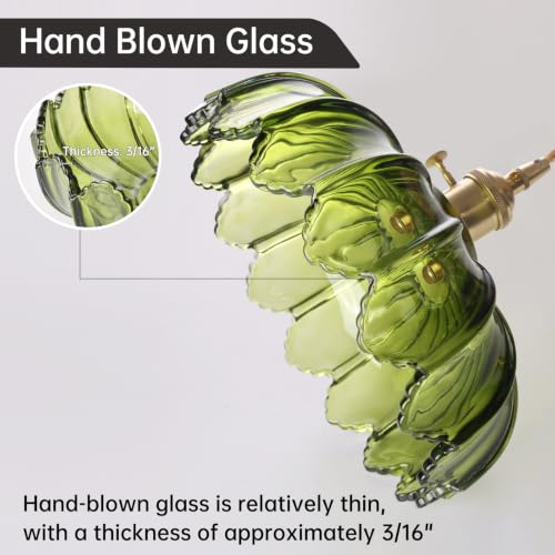 Image of Shenmoyl Plug in Pendant Light Hanging Light Fixtures with Plugin Cord On /Off Switch,Green Scindapsus Glass Lampshade Brass Pendant Light