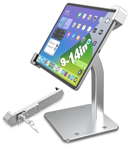 Image of Heavy-Duty iPad Kiosk Stand with Lock and Key Mechanism, Anti Theft Desktop Tablet Security Stand, Fits 9-14 inch Tablets, 360 Rotation Retail POS Tablet Stand for Business & Commercial Use
