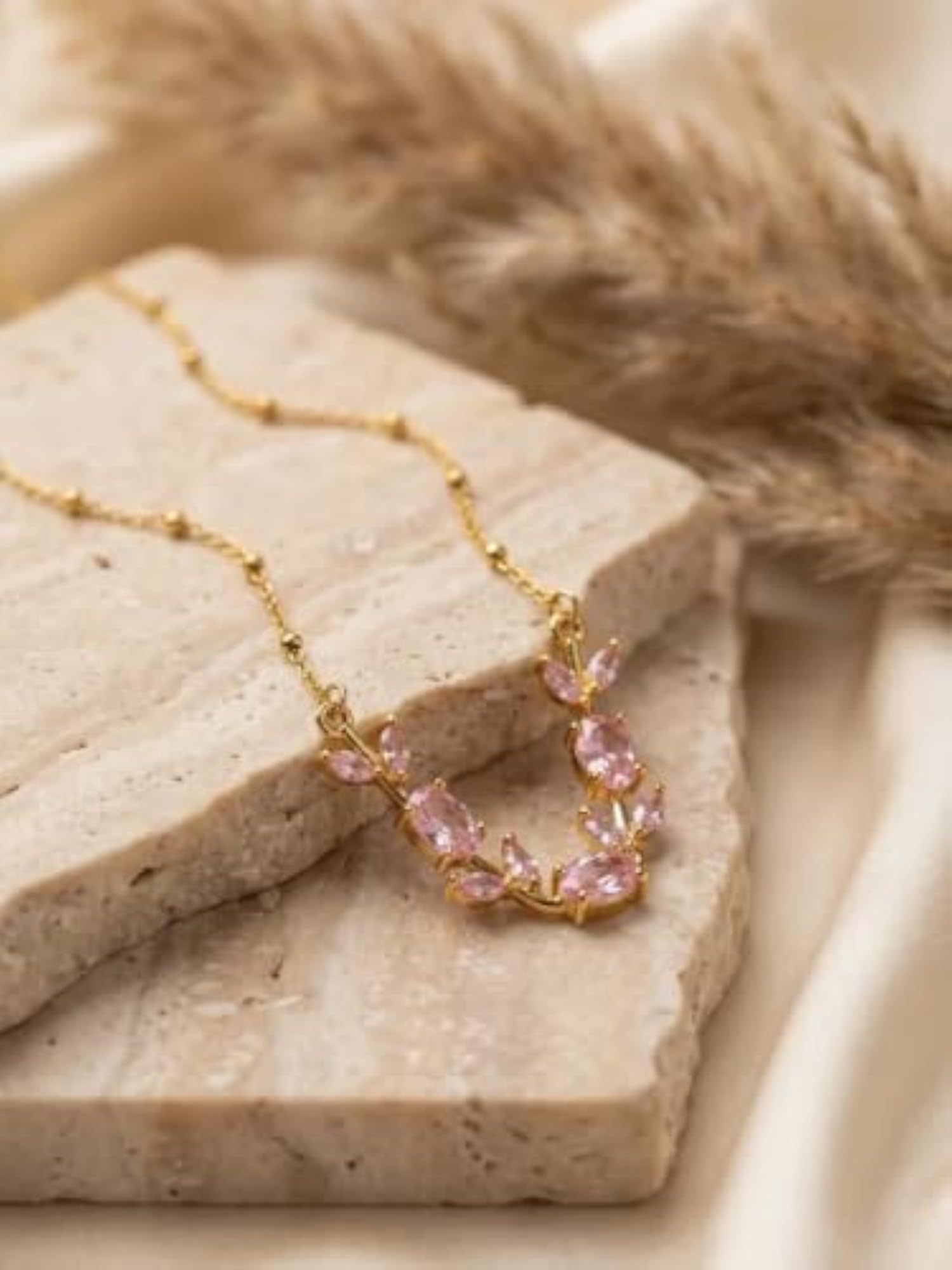 Women's Pink Crystal Floral Wreath Pendant Necklace, Gold Chain