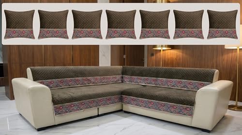 Image of Luxury Sofa Cover L Shape 7 Seater with Matching Cushion Cover 16x16 inch - Coffee Brown Diamond 4+3 Seater (7 Seater) Quilted Sofa Cover Set Pack of 12, Washable, Coffee Brown