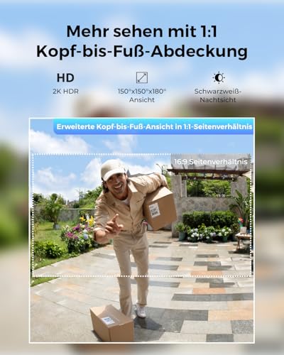 Reolink Video Doorbell, Akku Türklingel mit Kamera, 2K Kabellose Videotürklingel mit 1:1 Kopf-bis-Fuß-Ansicht, 2,4/5GHz WLAN, Personen/Fahrzeug/Paketerkennung, 2-Wege-Audio, Ohne Monatsgebühr