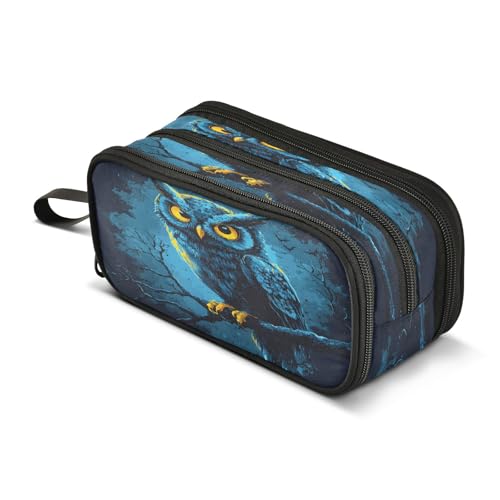 Image of Fierce-looking Owl Pencil Case 3 Compartment Pen Bag Pouch Holder Box School Portable Stationery Storage Bag for Girls Boys