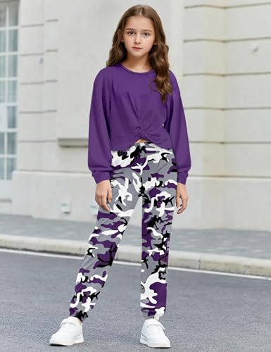 Image of NECIOUS Girls Fall Outfits 2 Piece Fashion Twist Front Pullover Sweatshirt and Camo Pants Clothing Sets 5-14Y