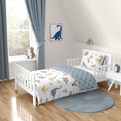 Image of Sweet Jojo Designs Watercolor Dinosaur Dino Boy Toddler Bedding Set Kids 5p Bed in a Bag Comforter Blanket Pillowcase Sham Sheets Green Slate Blue White Modern Jurassic Nature Animal Tracks Footprint
