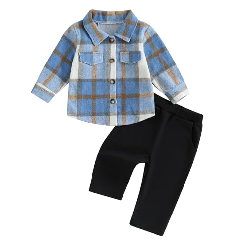 Image of Toddler Boys Fall Outfits Plaid Flannel Baby Boy Jacket Button Down Shirts Pants 2Pcs Festival Clothes Set