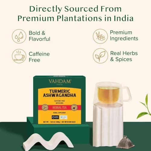 Image of VAHDAM, Turmeric Ashwagandha Herbal Tea Bags (100 Count) Caffeine Free, Non GMO, Gluten Free | 100% Pure Herbal Blend - Sweet & Earthy | Whole Leaf Tea Bags | Resealable Ziplock Pouch