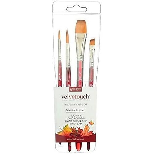Princeton Velvetouch, Mixed-Media Brushes for Acrylic, Oil, Watercolor Series 3950, 4-Piece Professional Set 100, Scarlet