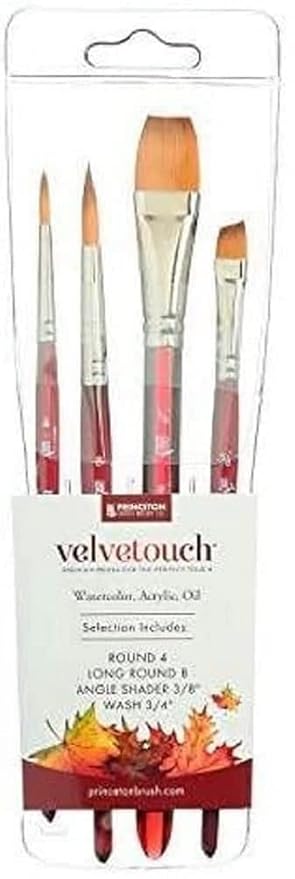 Princeton Velvetouch Short Handle Pro Paintbrush Set | Synthetic Blend for Quality Performance | Ideal for Acrylics, Watercolours & Oil Paints | Maximum Colour Holding Capacity | 4 x Brushes