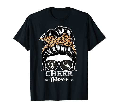 Cheer Mom Messy Bun Hair Funny Cheerleader Mom Leopard T-Shirt