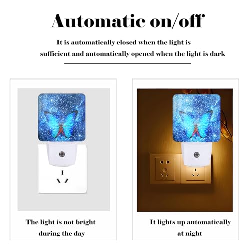 Image of Stars Shining and Blue Butterflies Night Light,Plug-in Night Lights with Dusk-to-Dawn Sensor for Stairway,Hallway,Bedroom Sleep Friendly Ideal for Women /Girls /Boys Gift,0.5w