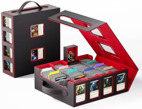 Trading Card Storage Box – 3500+ Magnetic MTG Deck Box with Handle,Commander & Toploader Display, Dice Box,4 Dividers & 30 Color Labels – Fits for TCG,MTG,Yu-Gi-Oh and Sport cards(Black/Red)