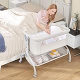 INFANS 3 in 1 Baby Bassinet, Bedside Sleeper, Easy Folding Portable Safer Co-Sleeping Crib with Height Adjustable, Wheels Storage Basket Travel Bag for Infant Newborn (Beige)