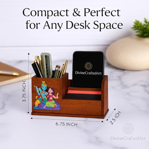 Image of Handcrafted Wooden Pen Holder & Mobile Stand | Desk Organizer for Office, Home & Study Table | Pen Pencil Stand with Card Holder (6.75x3.75x2.5 Inch) (Krishana Radhe Desk)