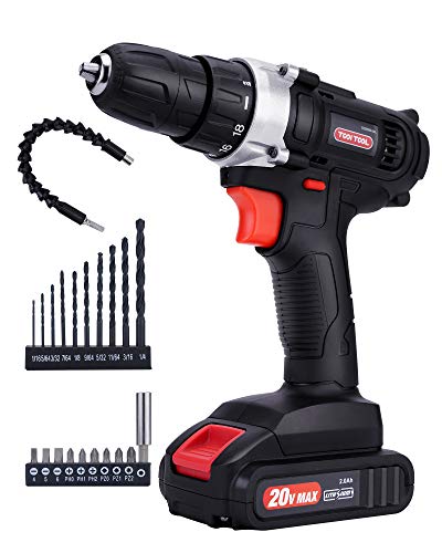 TOOI TOOL 20V Max Cordless Drill, Power Drill/Driver Tool Kit with Lithium Ion Battery/Charger, 3/8-Inch Keyless Chuck, Variable Speed, 335 In-lbs Torque, 18+1 Clutch, 21-Piece Accessories