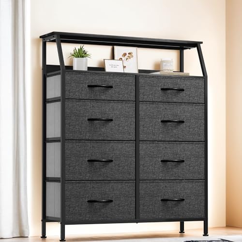 YITAHOME Comoda Cajones,Cómoda con 8 Cajones de Tela,Sinfonier,Robusta Estructura metálica,Cómoda con Tapa de Madera,Negro y Gris