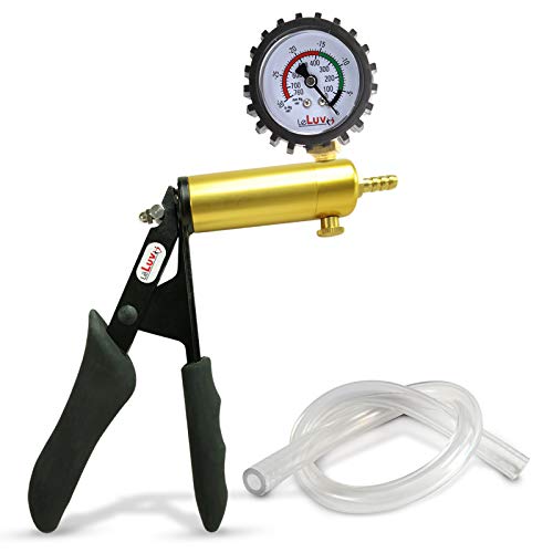 LeLuv Ultima Black Vacuum Pump - Aluminum Alloy &amp; Brass Handle Manual Hand Vacuum (0-30 Hg, 0-760 mmHg), Gauge Installed with Protective Rubber Cover, Silicone Padded Grips with Clear Hose