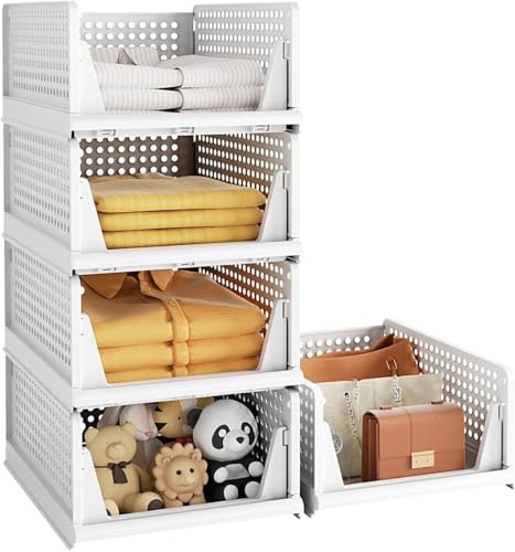ZPONEED 5er Set Groß Schubladenbox, Weiß Stapelbare Kleiderschrank Organizer, Faltbaren Regal Aufbewahrungsbox, Stapelbaren Schrank Schubladen, Plastik Körbe Lagerkisten für Küchen Schlafzimmer