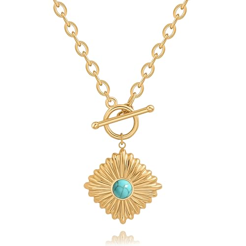 POTESSA 18K Gold Plated Toggle Turquoise Necklaces For Women Chunky Gold Necklace Vintage Turquoise Jewelry For Women Gift