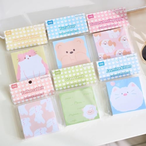 Image of Korean Stationery Mini Transparent 3-Hole Binder Spiral Diary Notebook - Cute Kawaii Portable Journal Notebook Agenda for Girls & Students (80+ Pages) (Animal theme Sticky Notes Set 1)