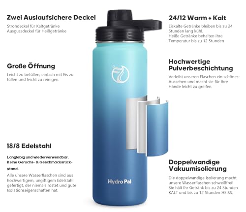 HydroPal Isolierflasche 750ml Edelstahl, BPA-frei, 24h kalt/12h heiß, auslaufsicher, Sport- & Trinkflasche mit Strohhalm & 2 Deckeln, spülmaschinenfest & rutschfest für Alltag & Sport 2