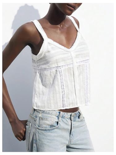 SHENHE Women's Lace Striped Textured V Neck Sleeveless Boho Vacation Crop Tank Tops Cami3