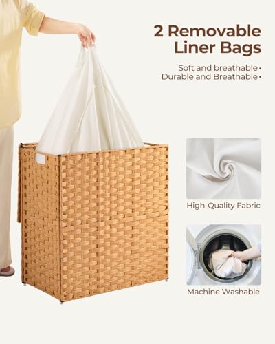 Greenstell Laundry Hamper with lid, No Install Needed, 110L Wicker Laundry Baskets Foldable 2 Removable Liner Bags, 2 Section Clothes Hamper Handwoven Rattan Laundry Basket with Handles, Natural - Thumbnail 4