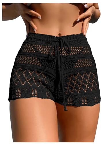 SHENHE Women's Crochet Cover Up Shorts Hollow Out Tie Front Sheer Beach Shorts Coverups