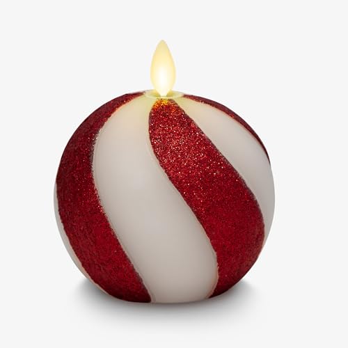 Image of Luminara - Flameless Holiday Crystal Beads Glitter Sphere Candle - Candy Cane Red - Pack of 1-4x4.25 - Auto Timer Built-in 5-Hour Timer Indoor Use