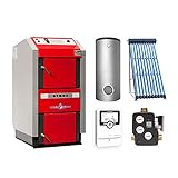 ATMOS KS3415 GS25 Holzvergaserkessel - Komplett-Set + Solarthermie-Set 2 (11m²) mit Pufferspeicher 825L und Hygienespeicher 750L + 1SWT