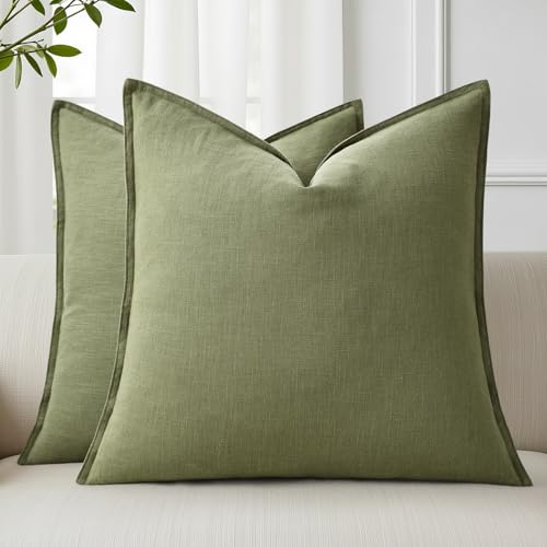 Image of decorUhome Decorative Linen Throw Pillow Covers 18x18 Inch Set of 2 Olive Green Pillow Covers with Flange Edges Soft Farmhouse Boho Accent Pillow Cases for Couch Bed Living Room
