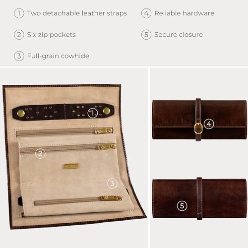 Image of Time Resistance Leather Jewelry Roll - Full Grain Leather Travel Jewelry Case - Jewellery Organizer Made in Italy (Brown)