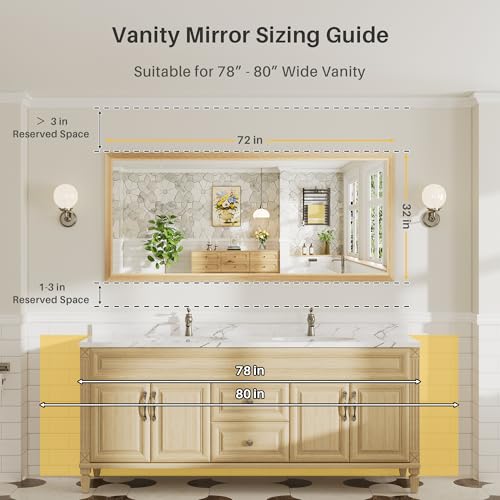 Image of 72x32 Inch Bathroom Mirror for Wall, Anti-Rust Oak Wood Grain Metal Framed Bathroom Mirrors for Over Sink,Rectangler Mirrors for Bathroom Vanity, Farmhouse, Bedroom, Living Room, Entryway Decor