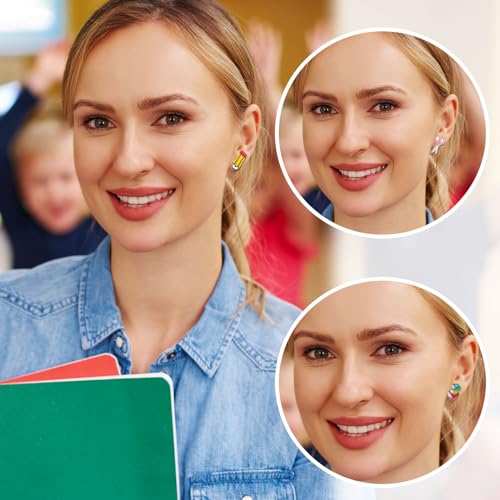 24 Pairs Teacher Earrings Appreciation Teacher Gifts Acrylic Studs Colorful Spring Pencil Apple Rainbow Shaped Dangle Earrings Lightweight for Women4