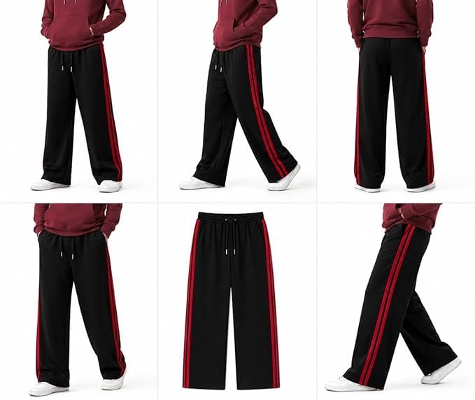 Image of Men's Baggy Track Pant, Black with Red Side Stripe, Relaxed Straight-Fit, 100% Cotton French Terry, 210 GSM