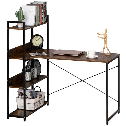 HOMCOM Retro Industrial Computer Desk Home Office Table with 4-Tier Storage Shelf Metal Frame Computer Workstation for Home Office, Brown