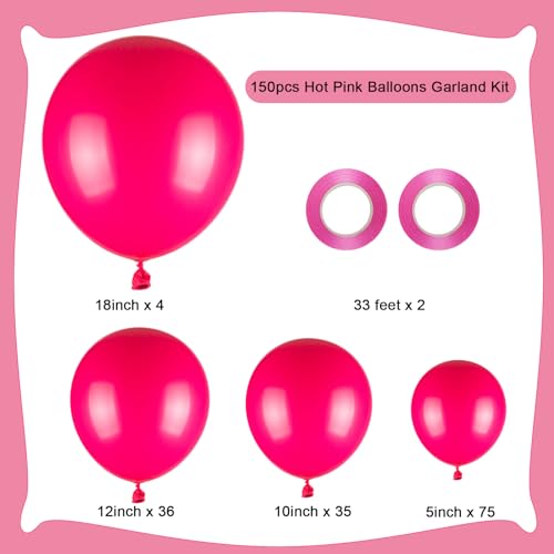 Image of 150pcs Hot Pink Balloons Different Sizes Pack, 18 12 10 5 Inch Party Balloon Garland Arch Kit for Birthday Valentine's Wedding Gender Reveal Party Decorations(With 2 Ribbons)