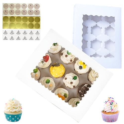 Generic 12 Set White Cupcake Boxes Container,Holds 12 Cupcakes,Bakery Cupcake Box With Window and Cupcake Insert,Pastry,Pie,Dessert,Donuts,Birthday,Graduation,Cookies,Holiday (White -12 Pack)