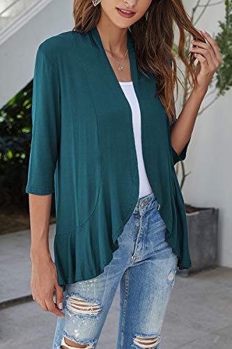 Bluetime Women Casual Lightweight Open Front Cardigans Soft Draped Ruffles 3/4 Sleeve Cardigan (XL, Teal Blue)