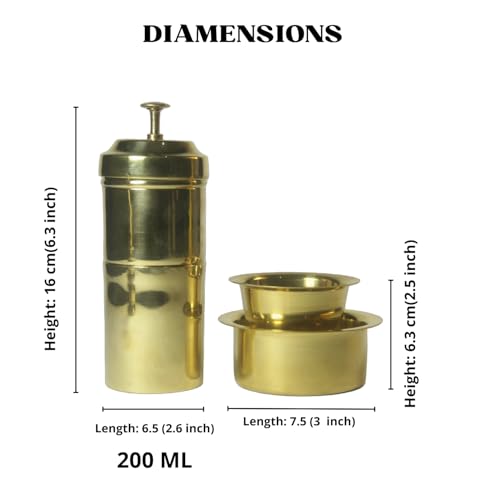 Image of Pure Brass South Indian Coffee Filter with 1 Dabara Set | Handcrafted Madras Drip Decoction Maker | Traditional Copper Finish Coffee Brewer for Home & Office