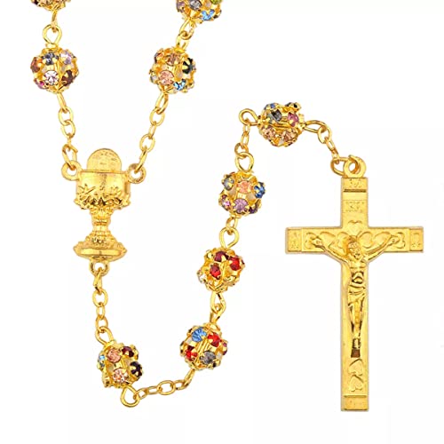 Catholic Town Rhinestone rosary neclace with Chalice center piece and multicolor crystal beads (CTRCHCDB-G)
