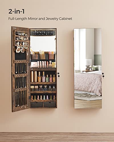 Songmics Mirror Jewelry Cabinet Armoire Organizer, Wall/Door Mount Storage Cabinet With Full-Length Frameless Lighted, Built-In Makeup Mirror, 2 Drawers, Lockable, Rustic Brown Ujjc013X01 #TOP1