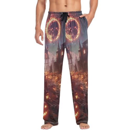 Men's Pajama Pants Halloween Fire Pumpkins Sleep Pajama Lounge Pant with Pockets, Elastic Waistband3