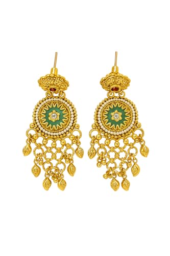Image of Veltreo International Temple Jewelry Choker with Intricate Beadwork & Green Stone Detailing Gold-Toned Bridal Necklace Set with Earrings for Women
