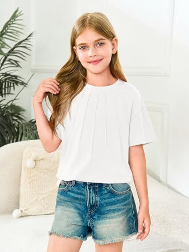 Image of Haloumoning Girls Pleated Oversized T Shirts Kids Summer Short Sleeve Crewneck Casual Tops Tees 5-14 Years