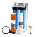 Aquaboon 2-Stage Whole House Water Filter System 20x4.5 inch with Prefilter & KDF, Sediment, Gauge & Release, Wrench, Freestanding Steel Frame